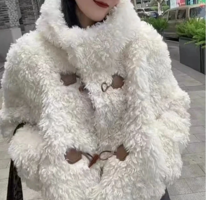 卷毛显瘦宽松气质连帽外套女秋冬皮毛一体新品--912