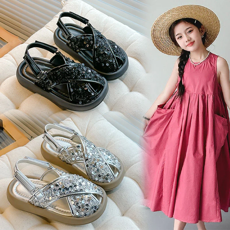 公主风小女孩凉鞋夏季儿童防滑平底大童一鞋两穿户外穿沙滩凉拖鞋