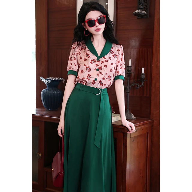 森林~港风复古翻领气质撞色印花衬衫上衣+a字高腰显瘦半身裙套装