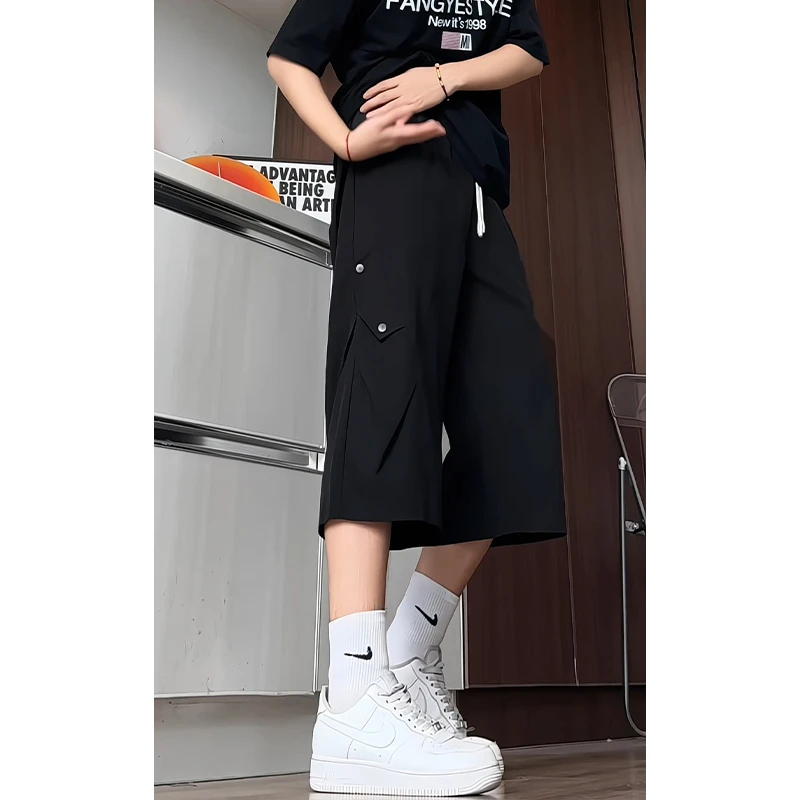 夏季宽松休闲工装凉感七分裤男大码宽松过膝美式潮牌短裤垂冰丝裤