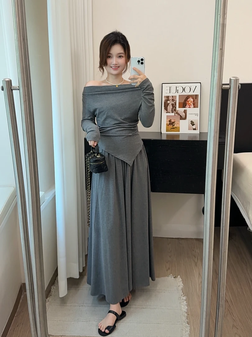 运补乐事专属秋季韩版设计感气质显瘦长袖不规则一字领半裙套装女