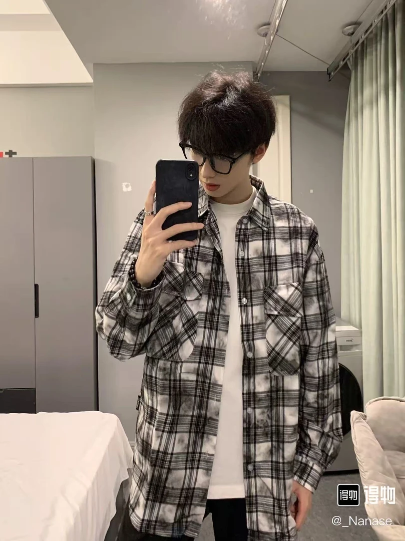 呆呆姐 UN2505HS美式复古扎染格纹翻领纽扣长袖衬衫！热卖2K件正品