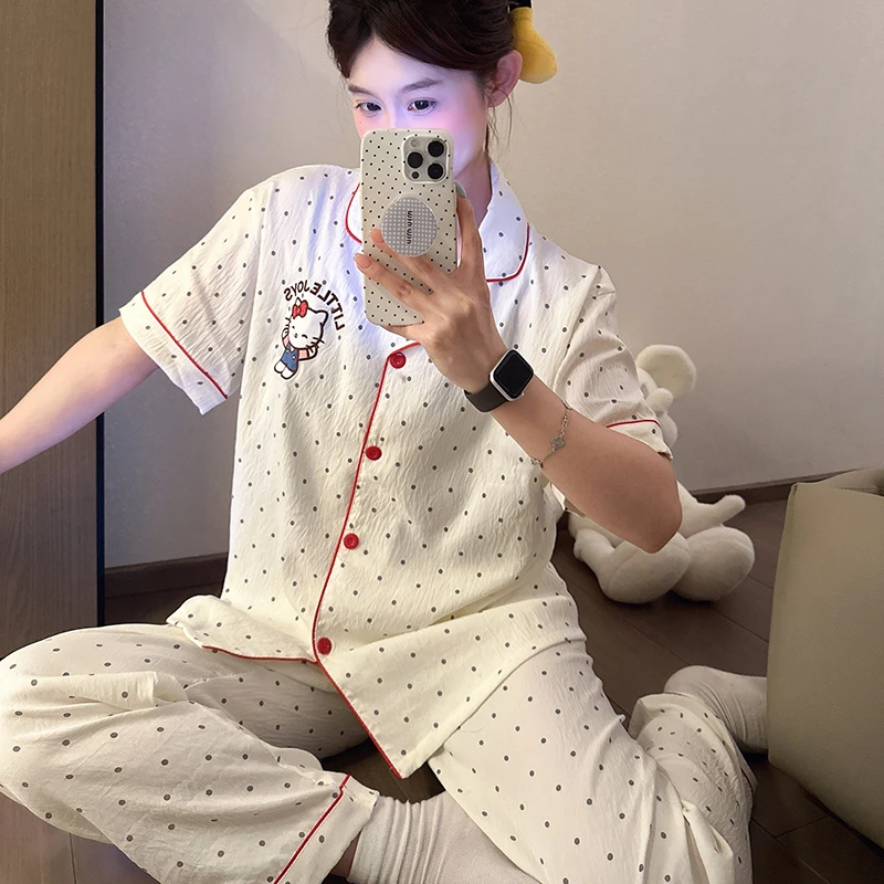 『波点小猫』云朵棉睡衣少女可爱夏季短袖长裤甜美学生家居服可外穿