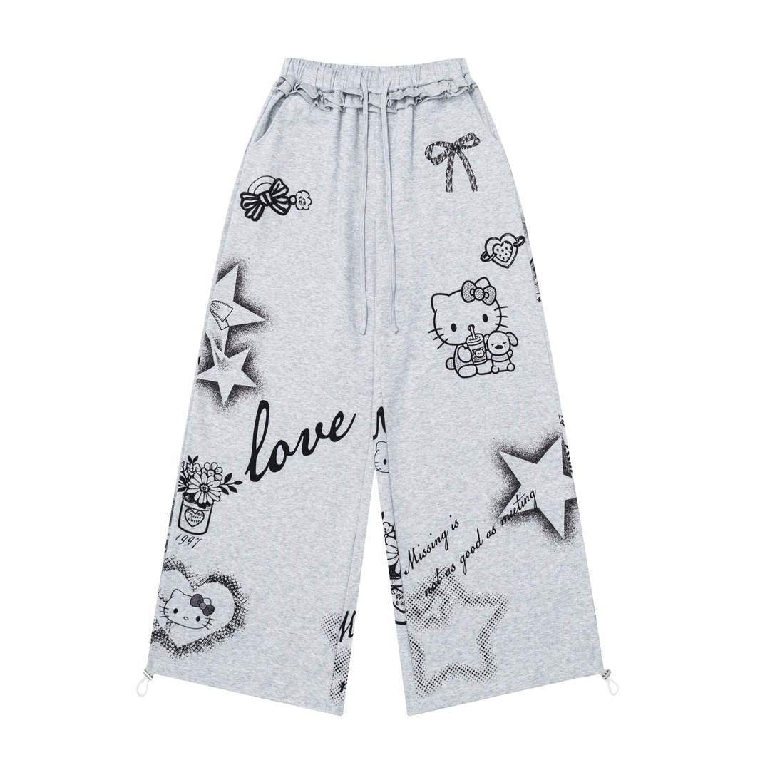 凛可爱 动漫卡通可爱印花松紧腰直筒裤女夏季宽松休闲薄款阔腿裤