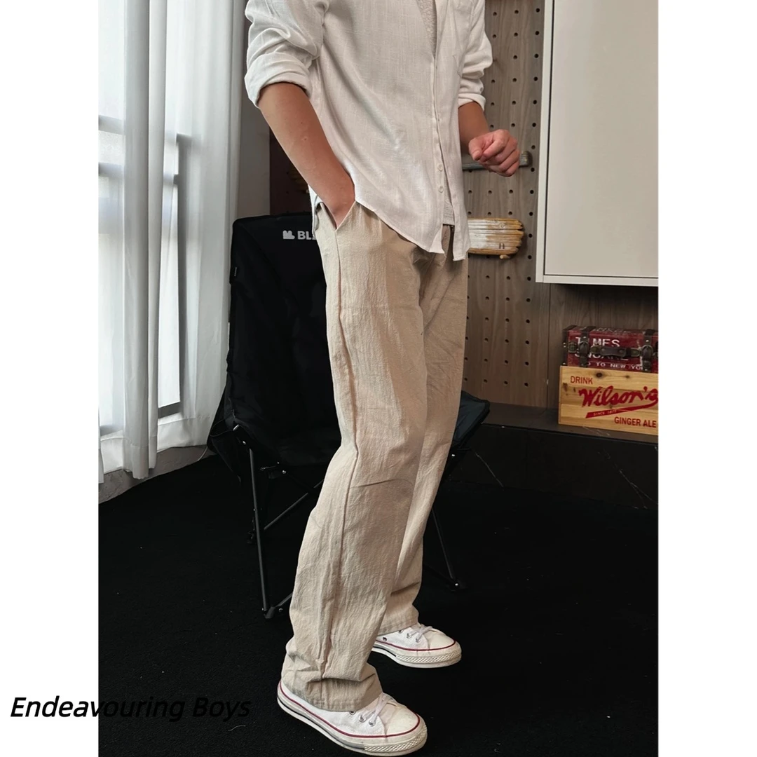 周末早起 「夏季薄款」复古棉麻慵懒裤韩版宽松直筒休闲裤简约长裤