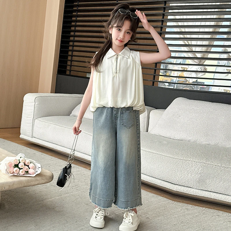 女童夏装套装2024新款儿童夏季雪纺无袖复古牛仔裤子网红两件套潮