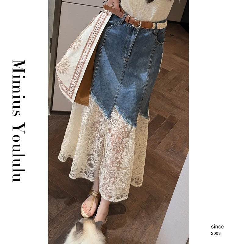 【mimius】U 蕾丝拼接牛仔鱼尾半身裙（含腰带） WG04017