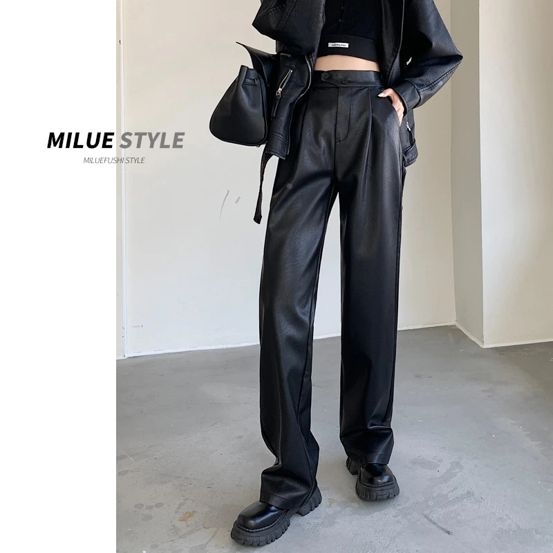 VONSRMAN黑色高腰皮裤子女秋季新款大码胖mm宽松显瘦休闲阔腿裤垂