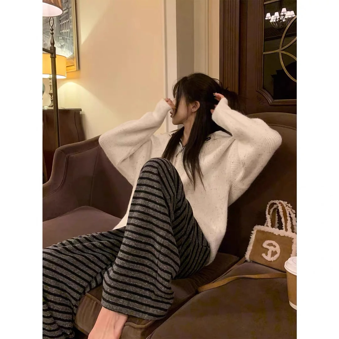 米粒家511加绒加厚条纹高腰阔腿裤女韩版显瘦慵懒感百搭休闲裤