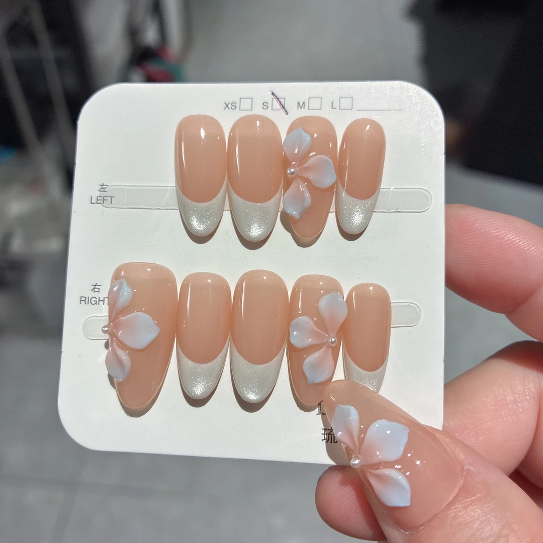 清栀 琉璃苣 纯手工法式雕花穿戴美甲贴片