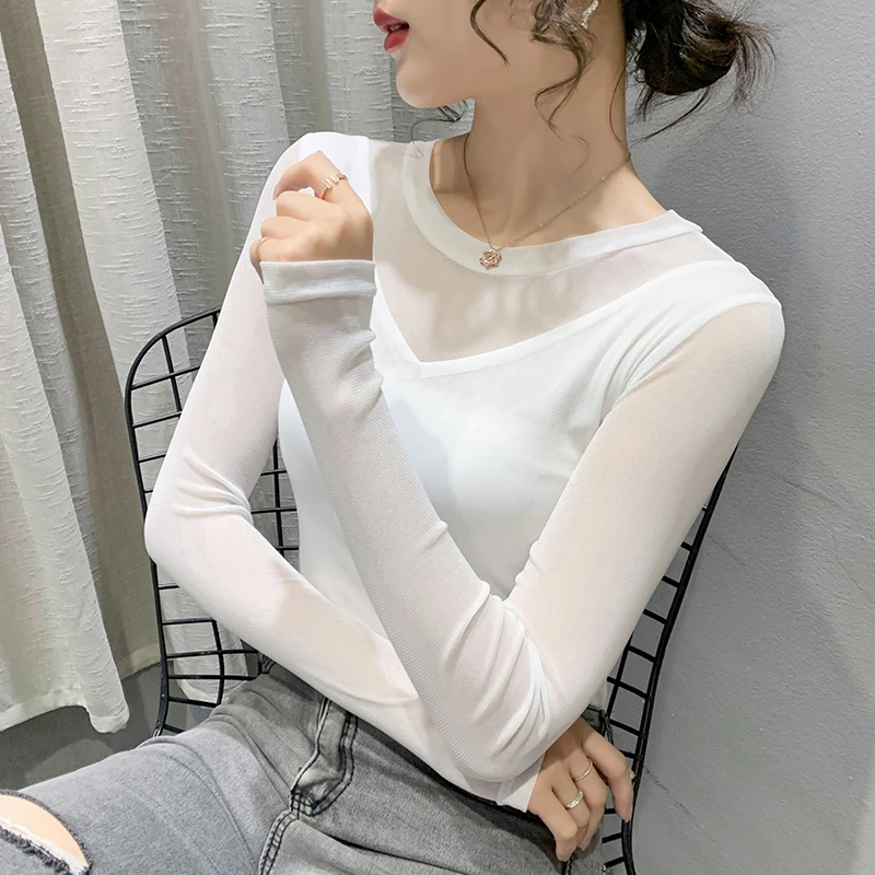 春秋新款百搭修身显瘦圆领大码长袖t恤网纱打底衫舞蹈服洋气薄款