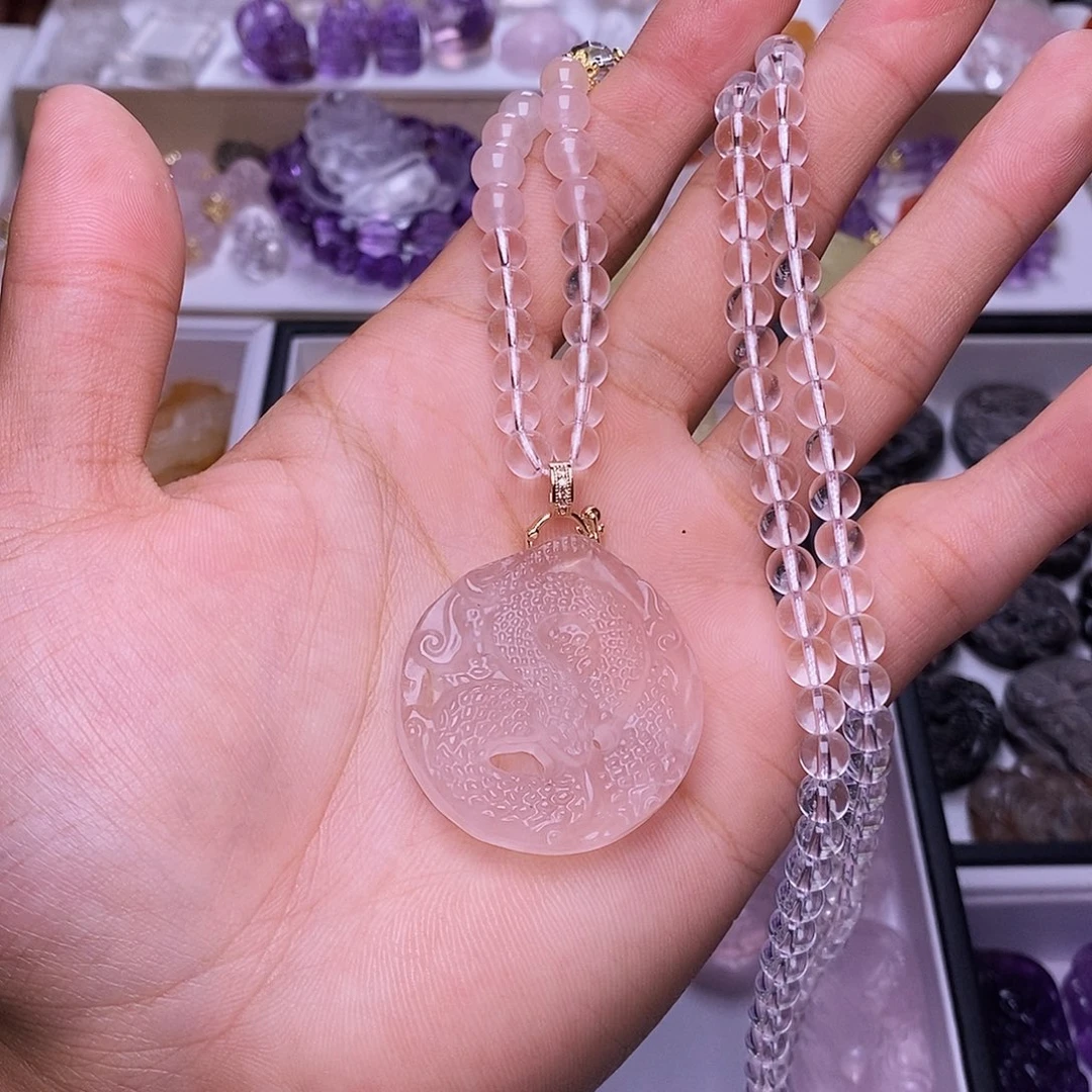 水晶颈饰未镶嵌粉水晶蛇牌吊坠 送链子