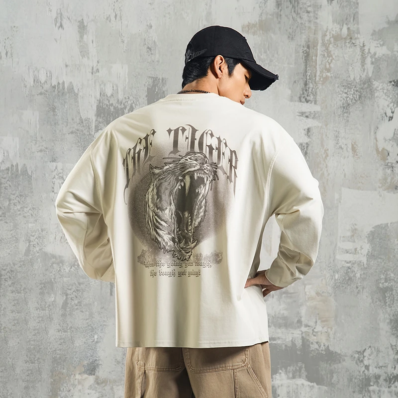 鹿家门猛兽系列国潮印花长袖休闲大码运动训练健身长袖T恤打底