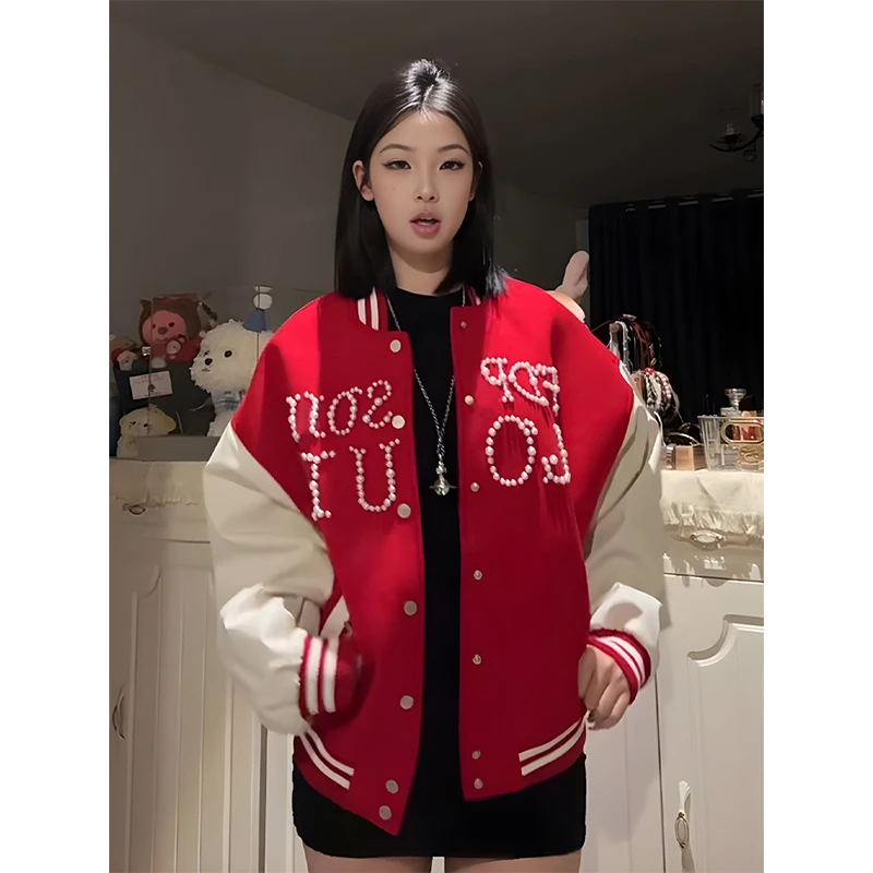 美式复古棒球服外套男女早春新款珍珠重磅夹克情侣宽松撞色上衣潮