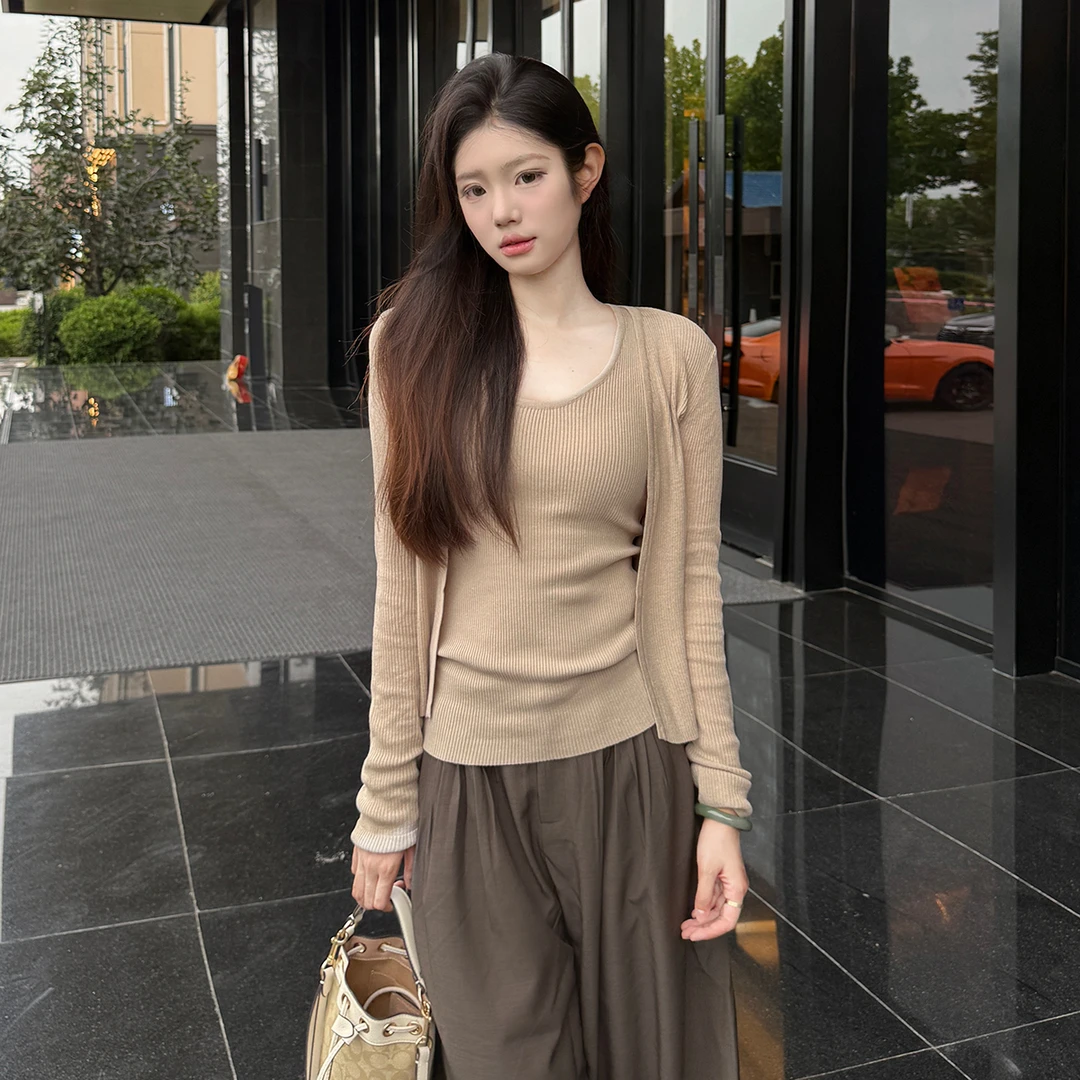 AWMUMU开衫外套女秋季层次感慵懒风亚麻背心上衣女开衫针织显瘦