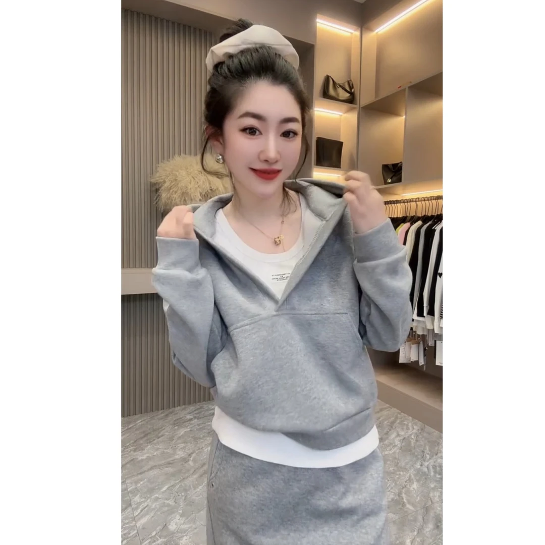 韩系高级感连帽半开领卫衣半身裙三件套2025春季新款时髦减龄套装