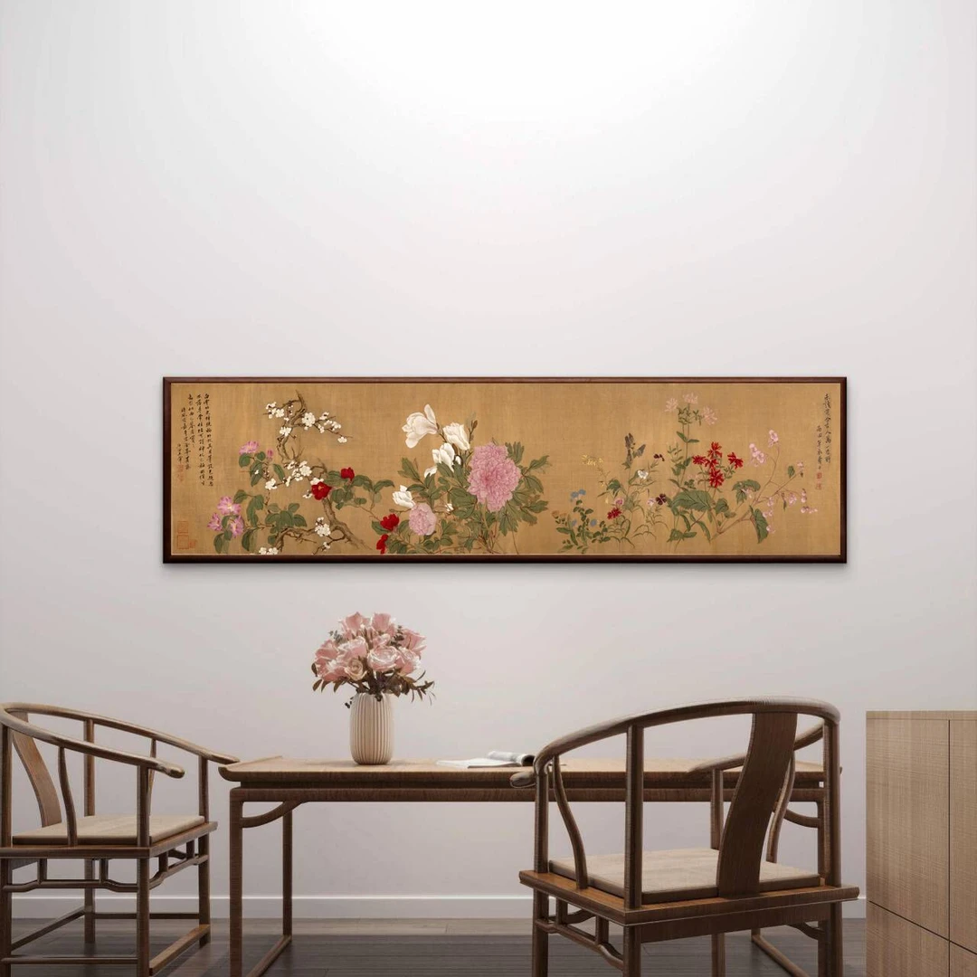 194-40*160新中式百花图装饰画适合卧室床头沙发背景墙悬挂