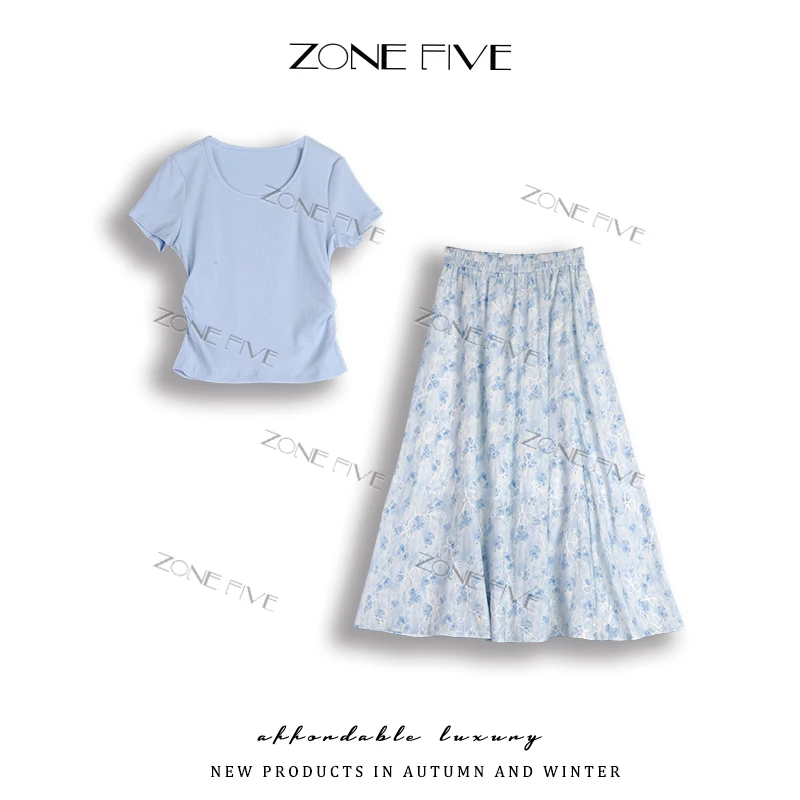 【zonefive】小蛮腰2025夏季新款正肩显瘦百搭T恤+碎花半身裙两件套