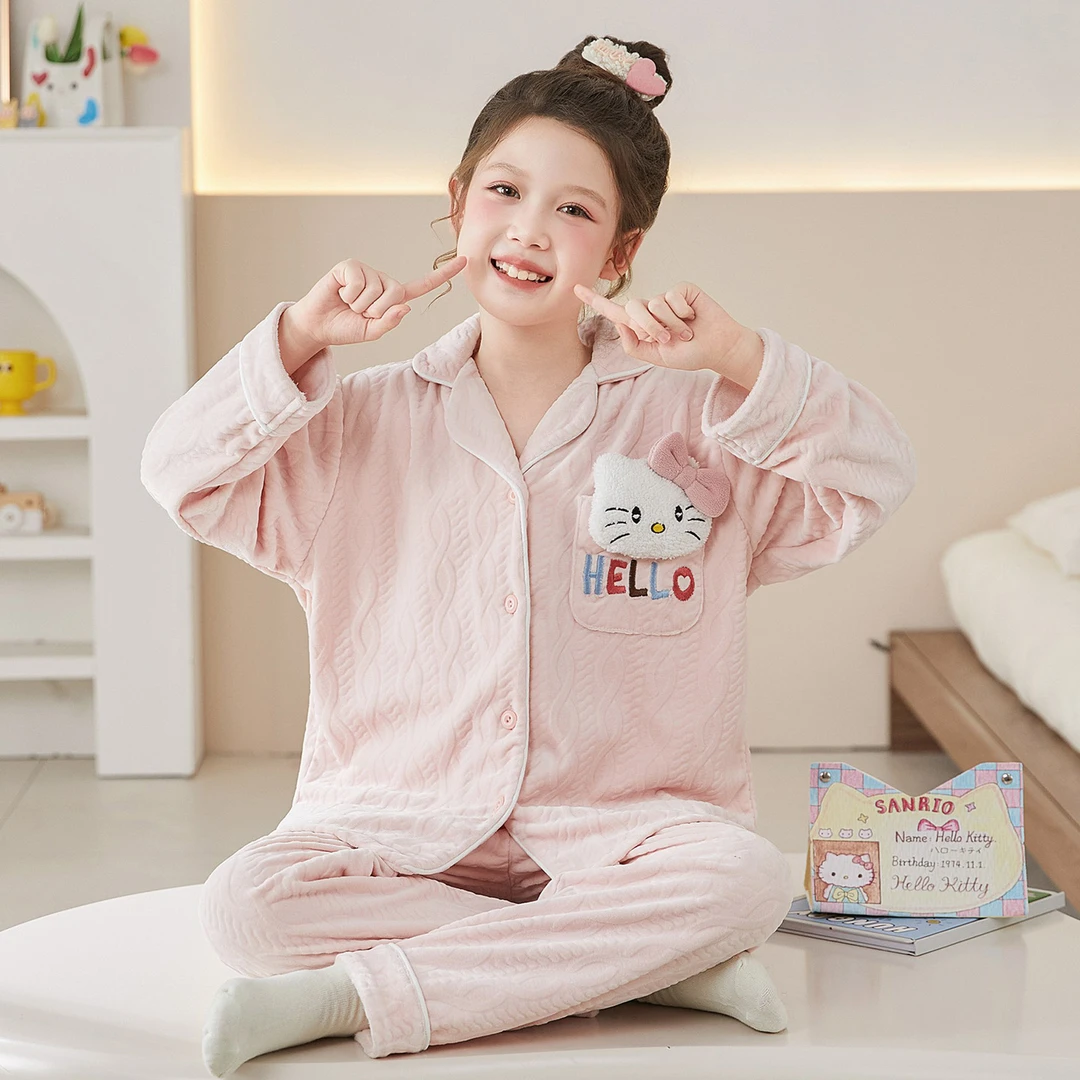 女童睡衣儿童秋冬季海岛绒长袖开衫翻领珊瑚绒法兰绒卡通套装新款