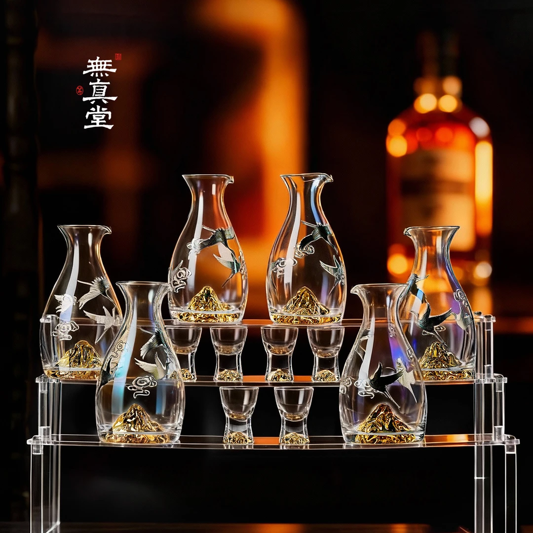 雅悟堂中式酒具水晶玻璃白酒套装真金仙鹤分酒器套装礼盒