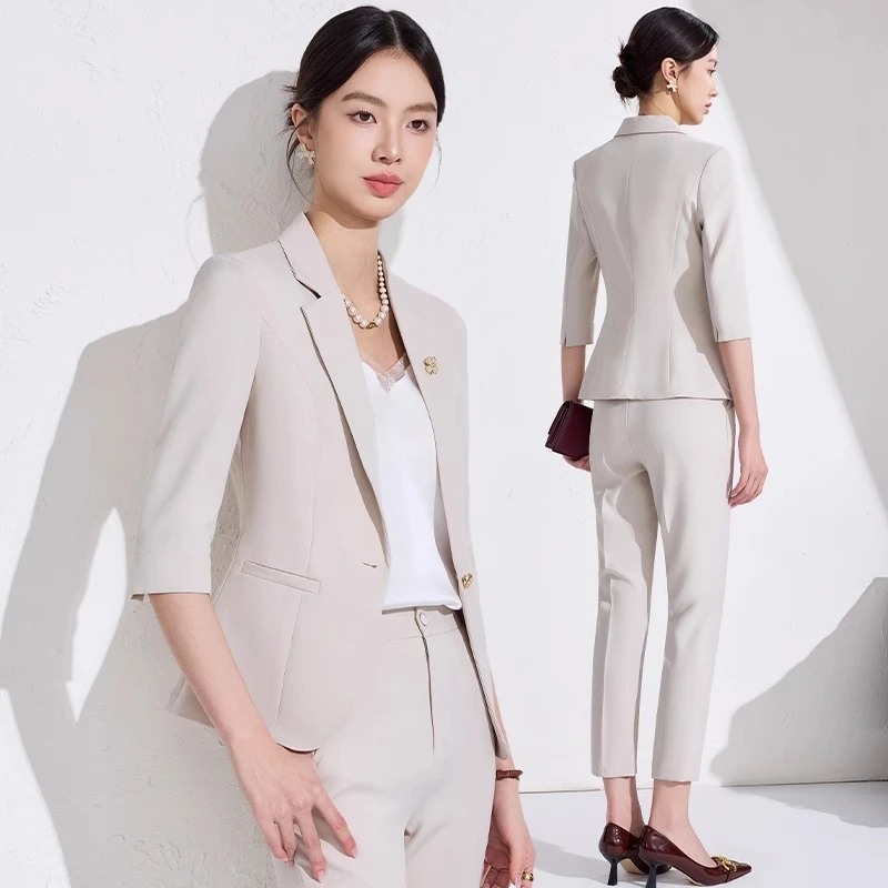 米白色小西装外套女夏季薄款高级感七分袖职业套装工作服中袖西服