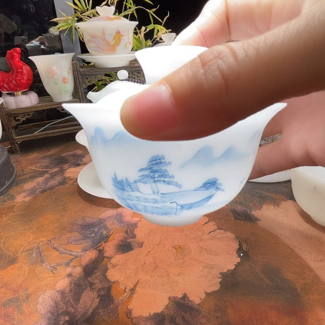 √***c冰玉素烧手绘山水元宝150ml