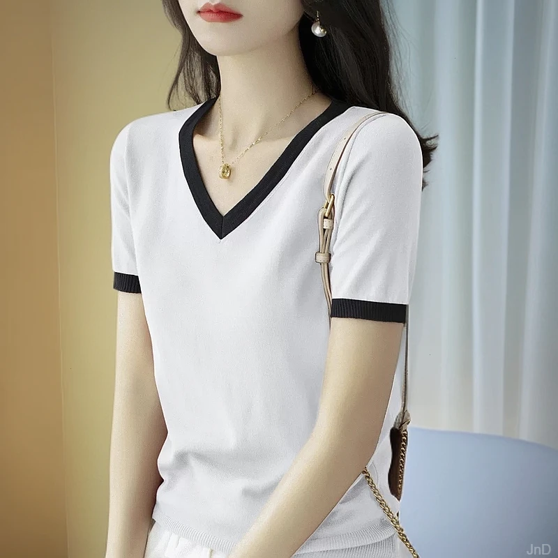 高级感法式慵懒风冰丝针织T恤2025新款修身女百搭设计感显瘦上衣