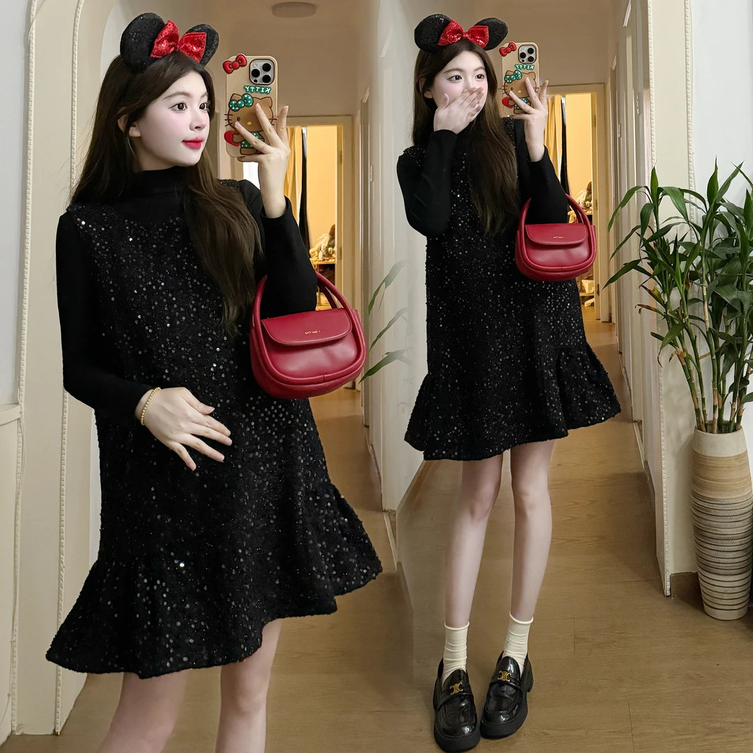 宽松新款孕妇装秋冬亮片小香风显瘦背心连衣裙打底衫套装休闲百搭