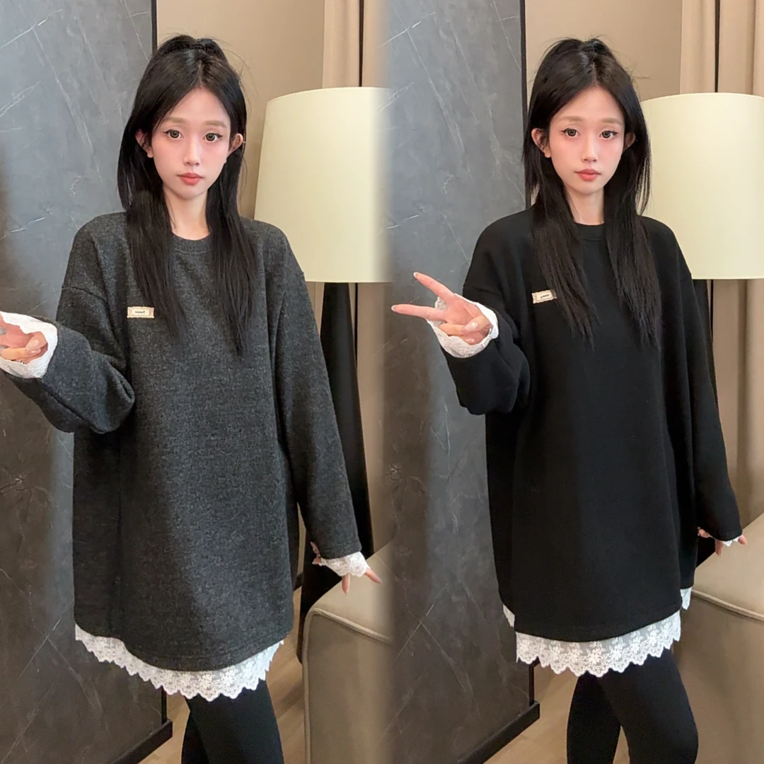 二姐的宝藏冬款圆领字母标袖口下摆拼接蕾丝加绒长袖卫衣#25474