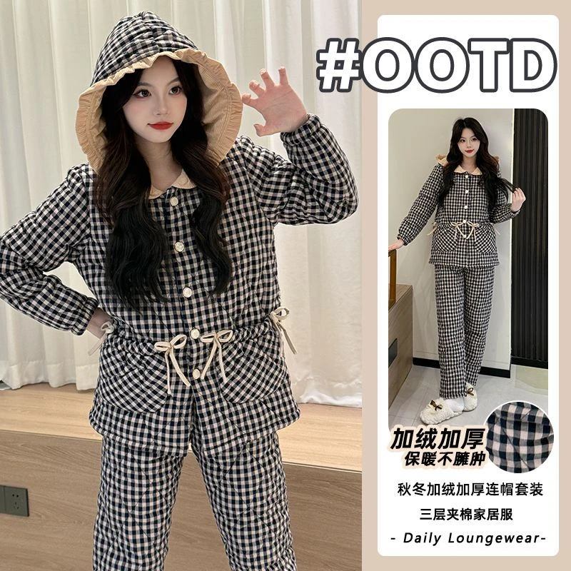 三层夹棉秋冬季格子睡衣女加绒加厚保暖2025年家居服两件套外穿