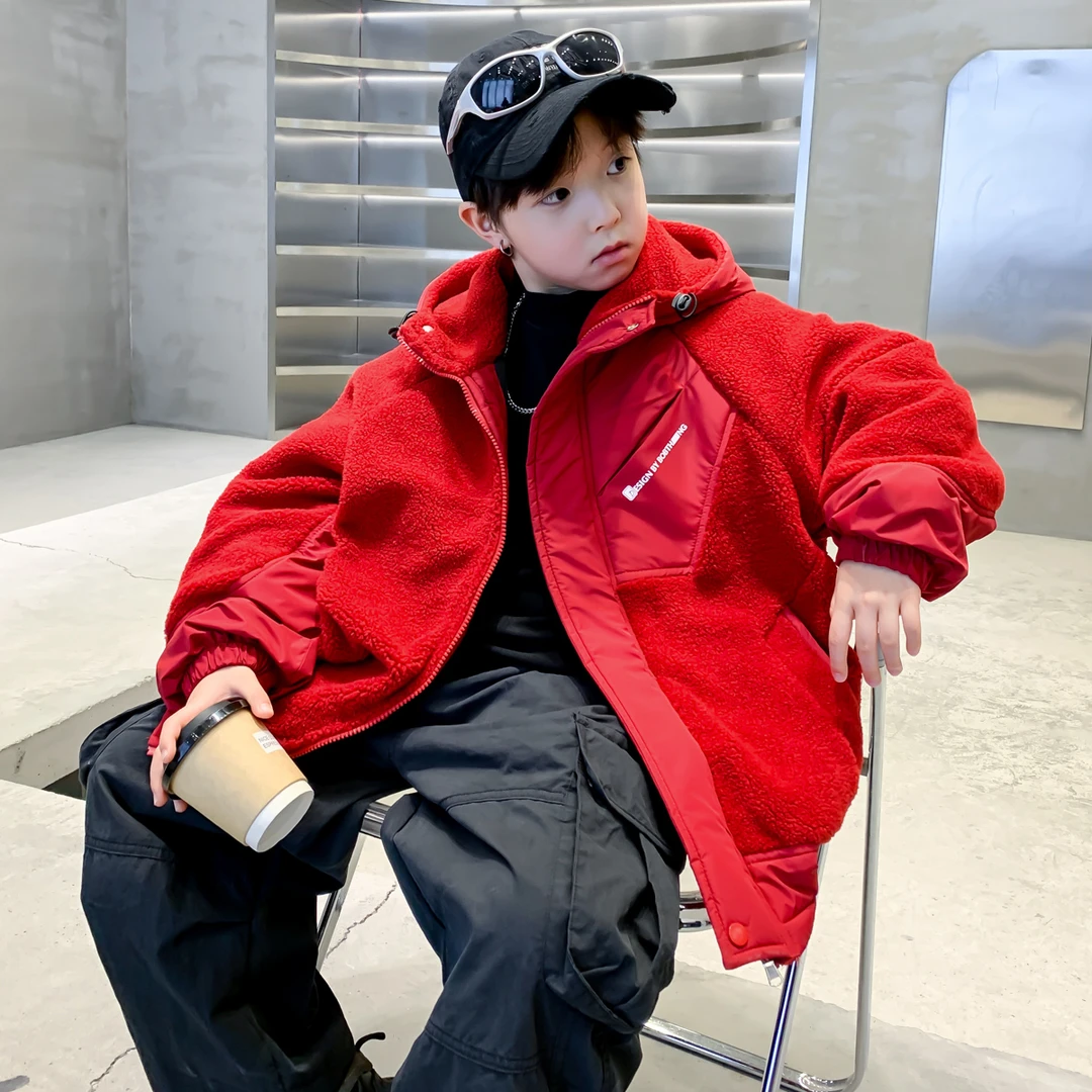 男童年货红色毛毛衣冬款夹棉加厚外套24新款中大童装连帽夹棉上衣