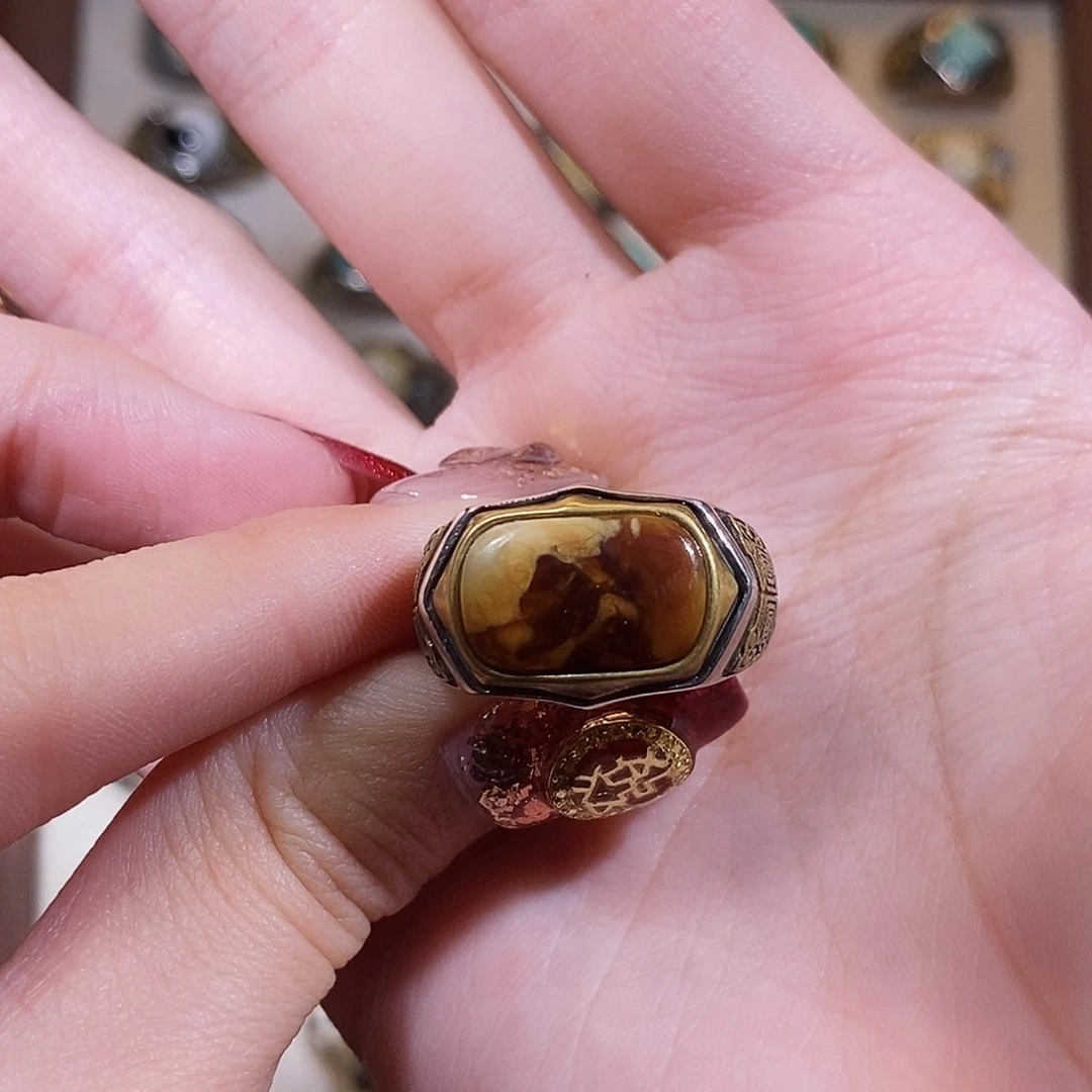 琥珀戒指银S925镶嵌良*戒指
