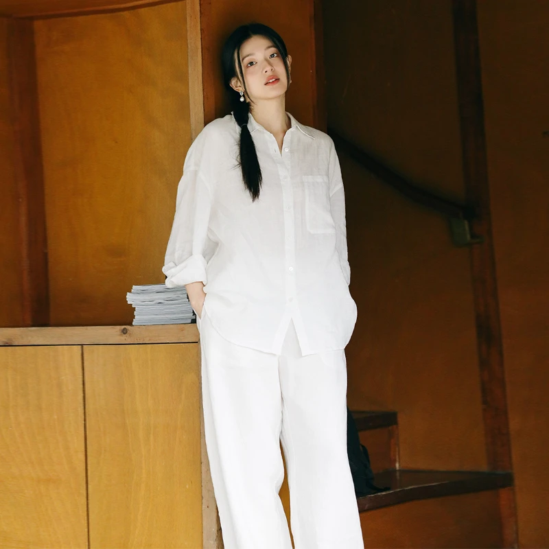绽放242朵/翻领长袖贝壳扣防晒小衫2025夏季新款白色亚麻休闲衬衫