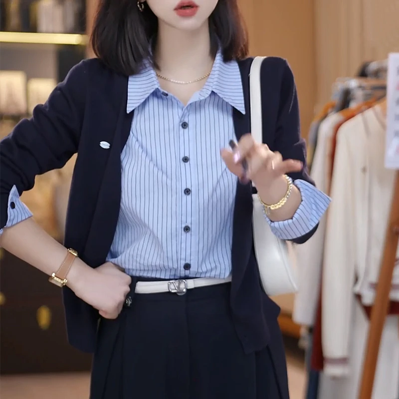 2026秋季新款OL风条纹衬衣拼毛织假两件设计款针织衫长袖上衣百搭