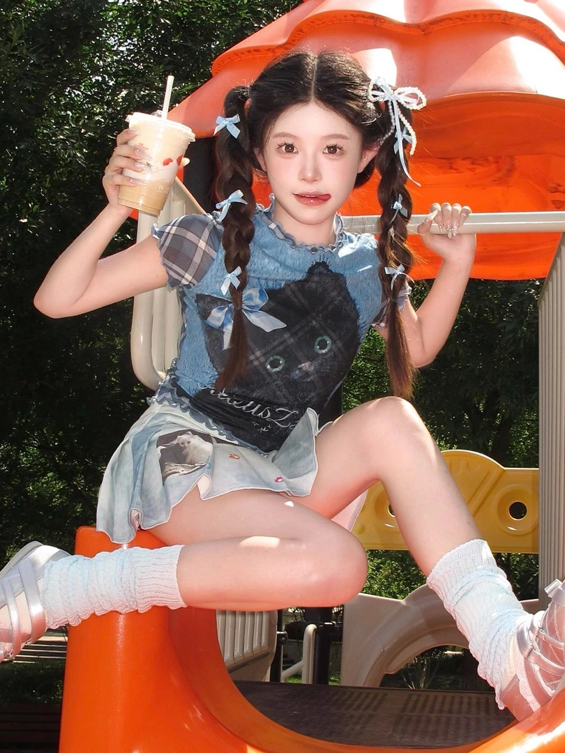 美式复古辣妹假两件猫咪印花网纱蓝色短袖t恤女修身夏季圆领上衣