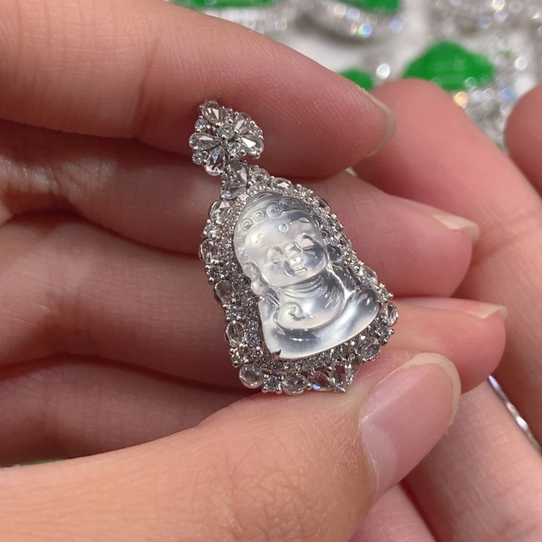 翡翠18K金镶嵌吊坠(不含链)天然缅甸A货翡翠