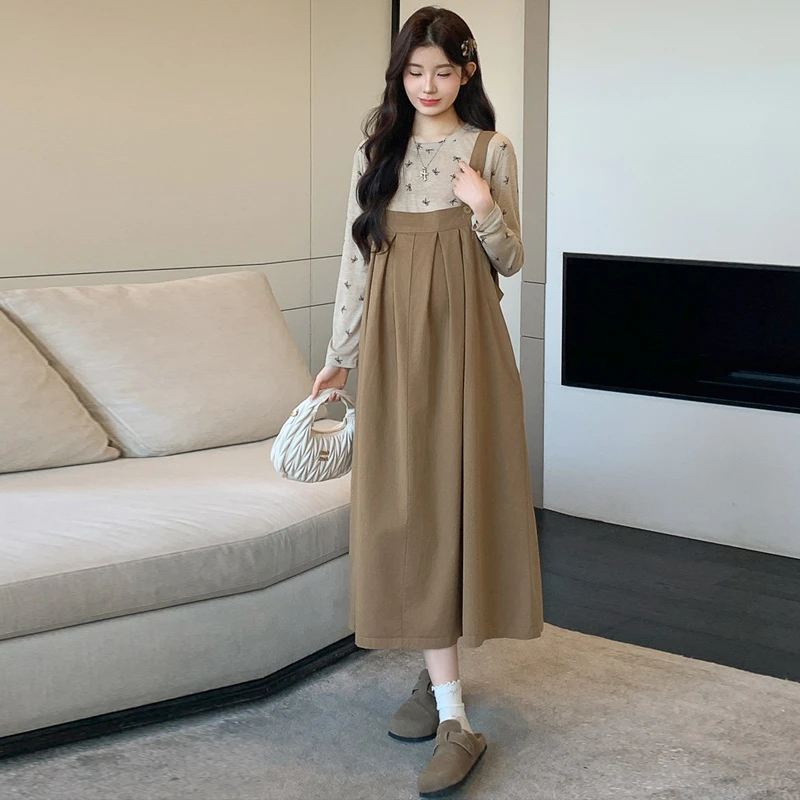 孕妇套装2025秋季韩版新款时尚甜美温柔宽松打底衫背带裙两件套装