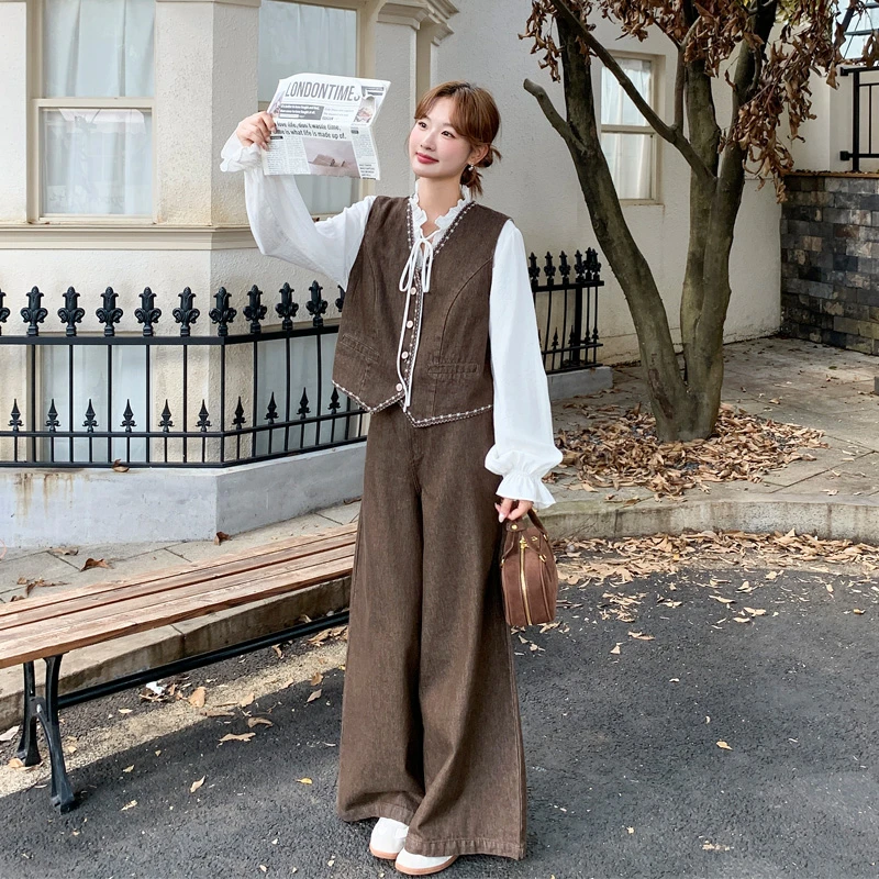 美拉德设计感马甲衬衫阔腿裤2025春秋新款小众松弛感通勤风套装裤