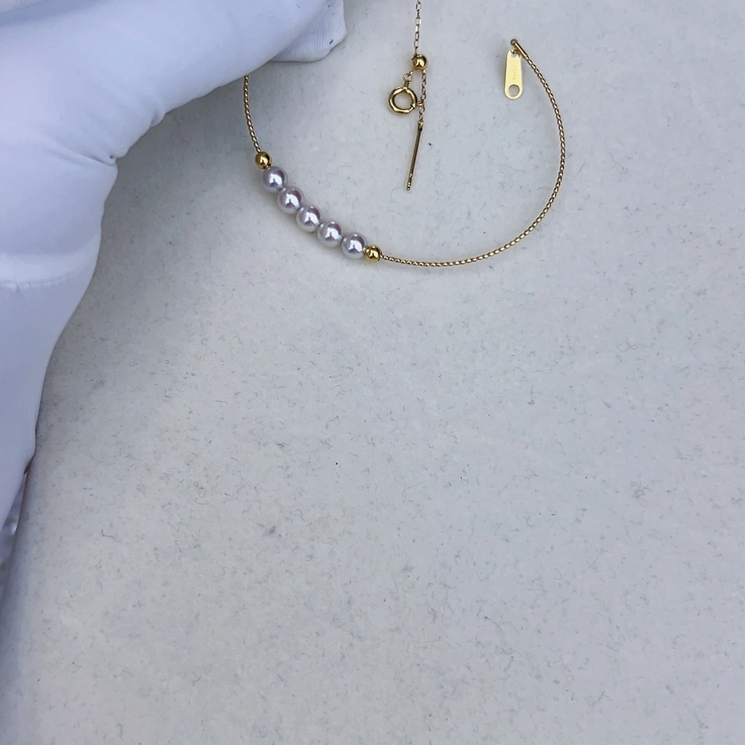 海水珍珠海水akoya五珠手链4-5mm18K金镶嵌