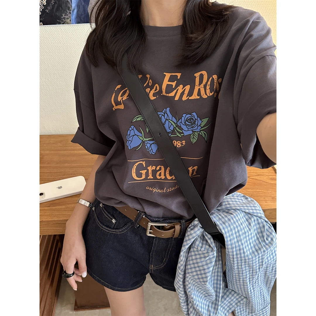 美树【柠檬绿茶】圆领花朵字母印花休闲短袖T恤  8169#