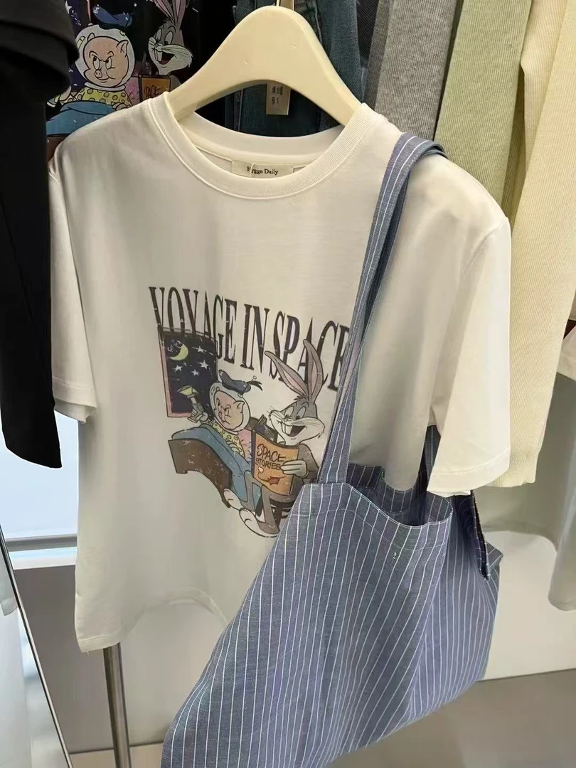 兔八哥猪猪卡通印花圆领短袖T恤2025春夏新款时尚宽松上衣女体桖