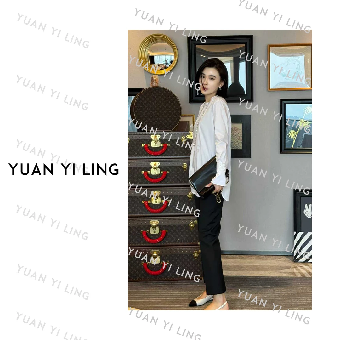 袁艺灵【温哥华】25秋冬圆领长袖蕾丝拼接长款衬衫6006