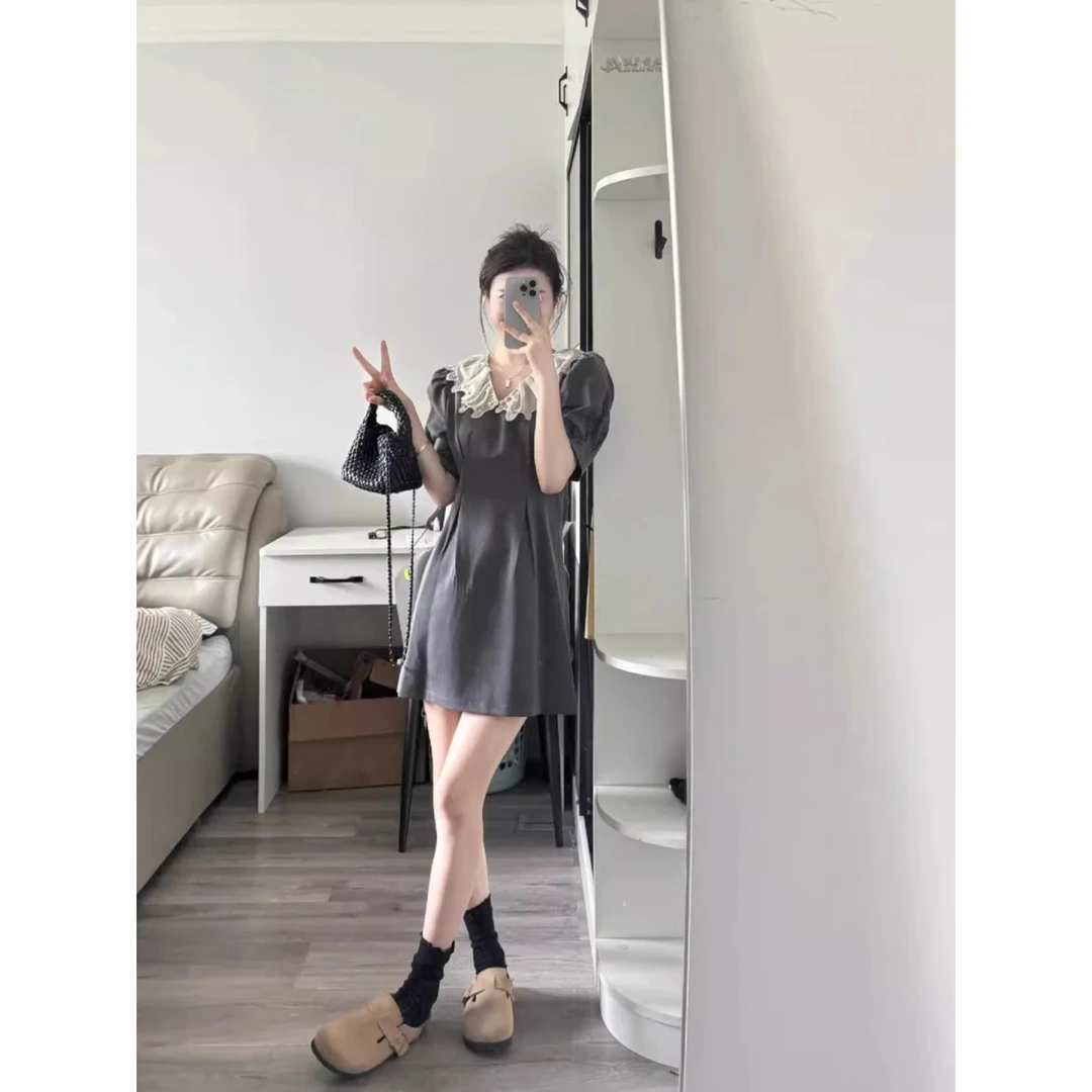 复古娃娃领休闲裙子女夏装大码胖mm收腰显瘦减龄气质灰色连衣裙女