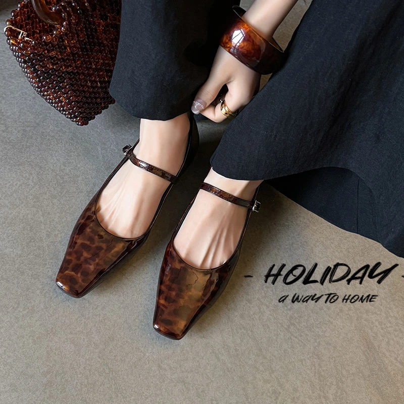 鞋子女款爆款2025新款全皮浅口低跟3CM玳瑁纹玛丽珍单鞋