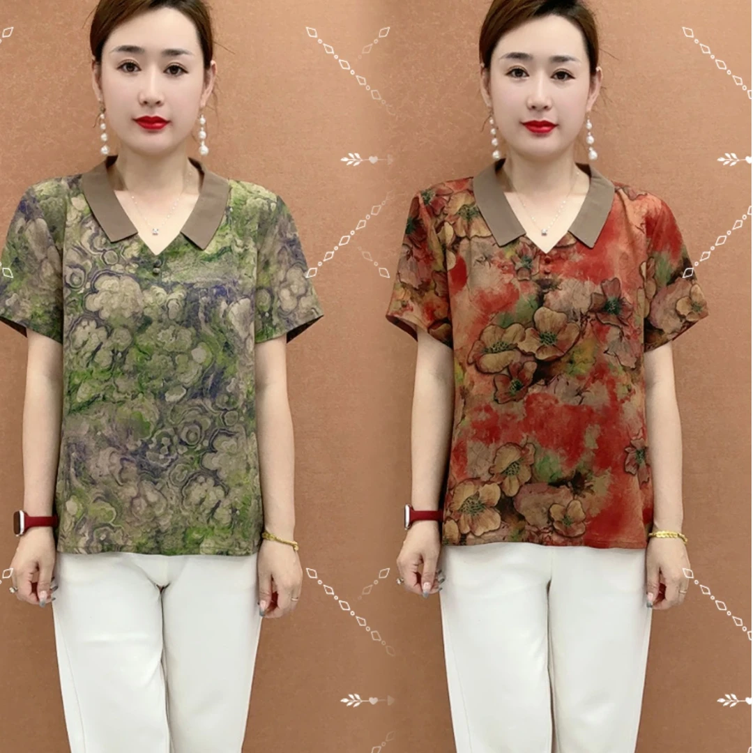 气质时尚复古晕花妈妈小衫夏季新中式百搭显瘦新款T恤大码上衣