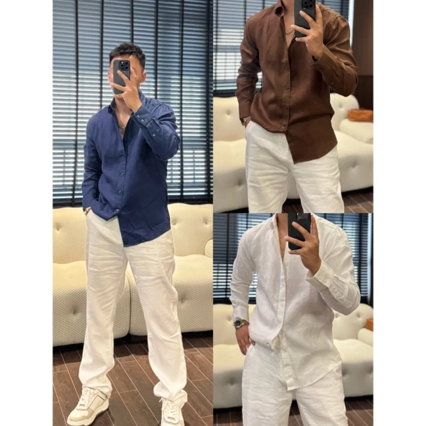 【100%亚麻老钱衬衣】夏季薄款纯色长袖男士纽扣时尚亚麻衬衣+1314