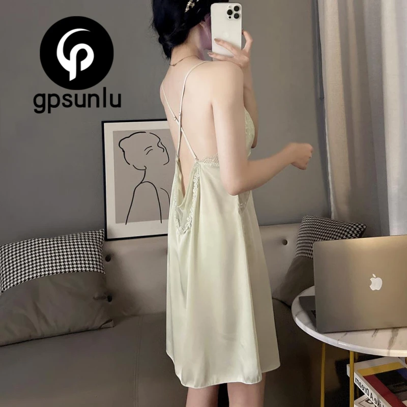 GPSUNLU慵懒风冰丝睡衣女性感吊带睡裙夏天薄款蕾丝露背家居服