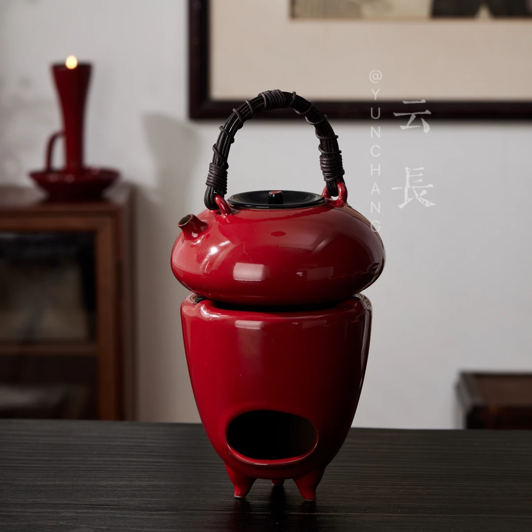 云长赭梦红中国原创陶瓷提梁侧边壶中式三足风炉围炉煮茶套装梵汝