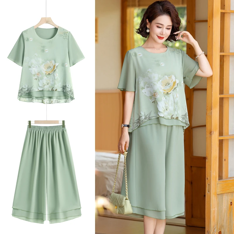 妈妈夏装套装新中式套装宽松T恤国风雪纺衫短袖上衣阔腿裤两件套