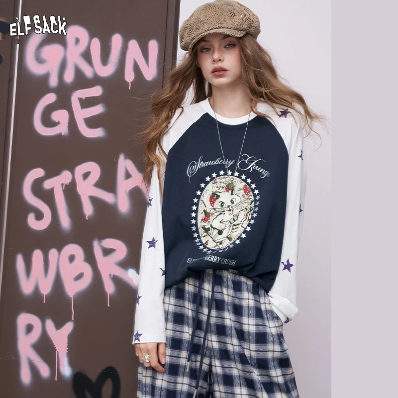 妖精的口袋插肩印花长袖t恤女2025早秋新款慵懒风松弛感休闲上衣